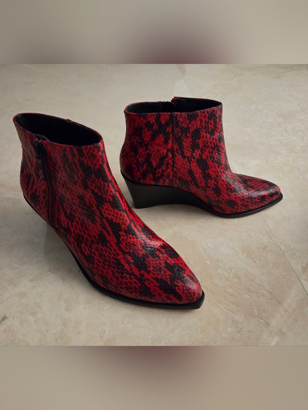 Red Snake-Print Women's Ankle Boots